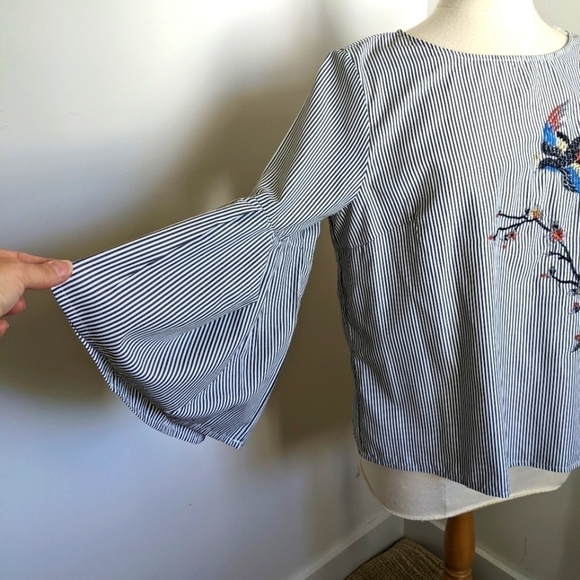 JEALOUS Tomato Bell Sleeve Pinstripe Embroidered Top XL - Picture 7 of 11